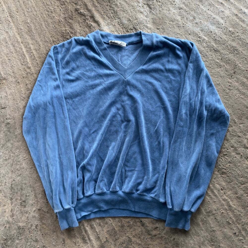 VINTAGE 80S FREDERICK & KELSEN VELOUR SWEATSHIRT V-NECK TOP FITS MENS MEDIUM
